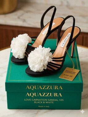 Aquazzura Love Generation 105 Black Satin Flower Sandals Heels